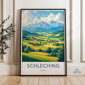 Scenic German Village Poster, Schlecking Germany Landscape Art, Mountain Valley Wall Decor, Vibrant Countryside Painting Print