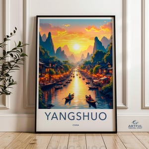 Yangshuo China Wall Art Print, Scenic River Sunset Artwork, Vibrant Mountain Landscape Poster, Serene Nature Decor