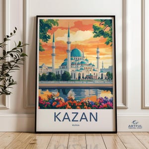 Kazan Russia Mosque Sunset Wall Art Print, Cityscape Artwork, Colorful Skyline Painting, Modern Home Decor, Travel Gift Idea