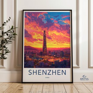 Shenzhen skyline at sunset, cityscape wall art, colorful sunset wall decor, urban landscape print, modern city night scene poster