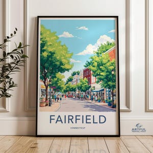 Arte mural de Fairfield Connecticut, impresión de escena callejera, arte de verano, póster colorido de la ciudad, decoración del hogar, regalo de viaje, arte ilustrativo