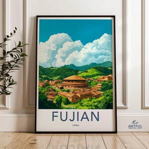 Arte de pared con paisaje de Fujian, China, póster de campo vibrante, impresión de hermoso paisaje de pueblo, decoración de arquitectura tradicional