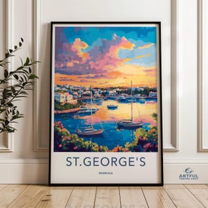 Stunning Bermuda Wall Art, St. George&#39;s Poster Print, Coastal Sunset Painting, Beach House Decor, Nautical Home Art, Colorful Seascape