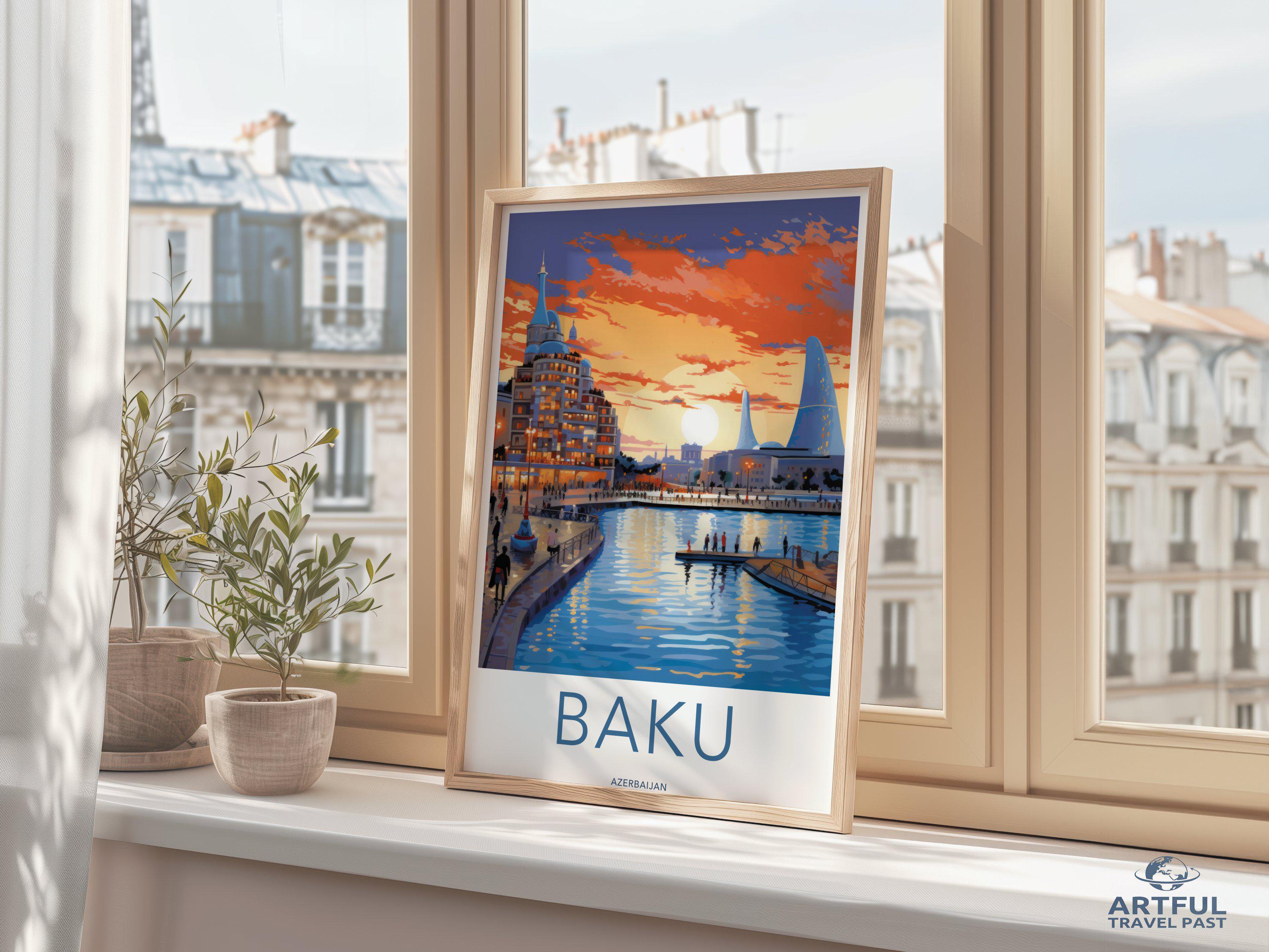 Baku Azerbaijan Illustration, Cityscape Art Print, Travel Poster