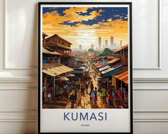 May include: A vertical poster featuring a vibrant illustration of a bustling Kumasi, Ghana market scene under a golden sunset sky. The artwork depicts numerous people walking through stalls with orange and blue tones, with the text KUMASI GHANA below.