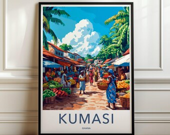 May include: A framed travel poster featuring a vibrant illustration of a bustling outdoor market in Kumasi, Ghana. The scene depicts people walking between stalls filled with colorful produce under palm trees and a bright blue sky with clouds.