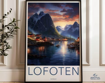 Lofoten Norway Wall Art, Scenic Nordic Landscape Print, Coastal Village Artwork, Majestic Mountain Decor, Sunset Harbor Poster