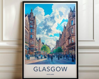 Glasgow Cityscape Wall Art Print, Scotland Travel Poster, Vibrant Downtown Street Scene Artwork, Modern Home Decor, Office Wall Art