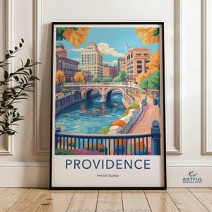 Providence Rhode Island Wall Art, Poster di paesaggio urbano, Decorazioni da viaggio, Illustrazione di corsi d'acqua, Opera d'arte del New England, Vista panoramica urbana