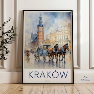 Arte mural de Cracovia, impresión de paisaje urbano de Polonia, pintura de acuarela, carruaje de caballos antiguo, escena callejera del casco antiguo, póster de viaje decorativo