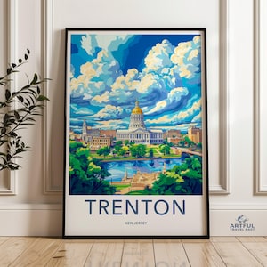 Retro Trenton New Jersey Wall Art, Vintage Cityscape Print, Urban Skyline Illustration, Colorful Poster, Home Decor Gift