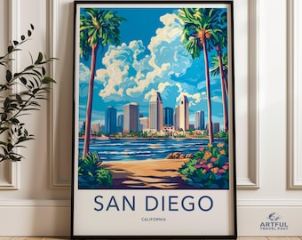 Arte mural de paisaje urbano de San Diego, póster del horizonte de California, decoración urbana moderna, impresión de atardecer en la playa, arte vibrante, decoración para el hogar y la oficina.