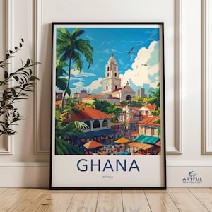 Ghana Wandkunst, Afrika Poster, Reise-Druck, lebendige Dekoration, Dekoration, Hausdekoration, bunte Wandkunst, Illustrations-Druck, exotische Landschaft
