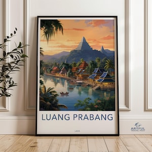 Luang Prabang Wand Kunst, Historische Laos Landschaft Druck, Südostasiatische Kulturelle Wahrzeichen Dekoration, Serene Fluss Szene, Reise Poster