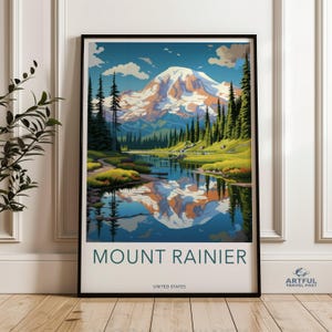 Impression du mont Rainier, art mural nature, oeuvre d'art montagne pittoresque, affiche du parc national, déco du nord-ouest du Pacifique, cadeau aventure randonnée