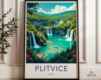 Plitvice Croatia Travel Poster, Waterfall Scenery Wall Art, Landscape Print, Nature Photography Art, Home Decor, Scenic View