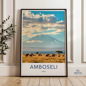 Elephant Herds, Mount Kilimanjaro Wall Art Print, African Landscape Poster, Amboseil Kenya Wall Decor, Safari Animal Art Print