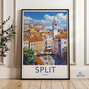 May include: A vintage travel poster featuring a colourful illustration of the city of Split, Croatia. The poster has a blue background with white text that reads "SPLIT" and "CROATIA".