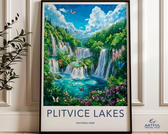 Plitvice Lakes National Park Wall Art, Beautiful Nature Waterfall Scene, Stunning Landscape Poster, Vibrant Colors, Home Decor