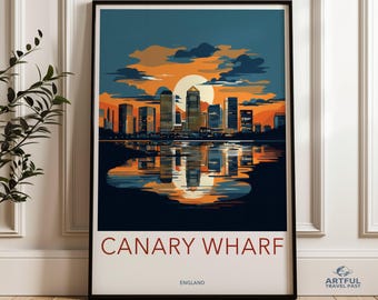 Canary Wharf skyline wall art, London cityscape print, Modern office decor, British urban landscape, Sunset reflection art, England