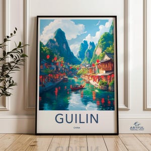 Guilin wall art, China landscape print, scenic poster, colorful nature artwork, travel decor, mountain river scene, home decor