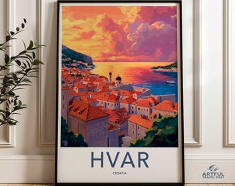 Arte mural de Hvar, Croacia, póster de viaje, impresión de paisaje urbano al atardecer, decoración de pared costera, vista de una ciudad europea, obra de arte mediterránea