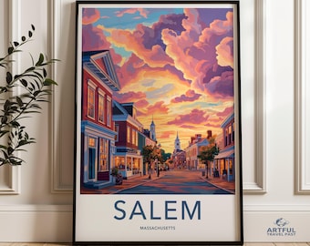 Salem (Massachusetts) zonsondergang skyline muurkunst, poster New England Small Town Street, kleurrijke wolken en historische gebouwen print