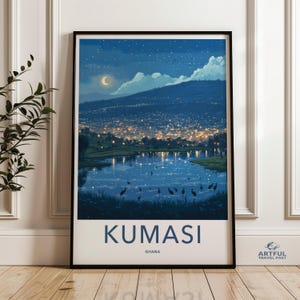 Kumasi Ghana Wandkunst, Nachthimmel-Stadtbild-Druck, ruhige Seeansicht, Berglandschafts-Dekor, beleuchtete Stadtlichter-Plakat