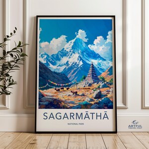Arte mural del Parque Nacional Sagarmatha, Impresión de paisaje del Himalaya, Decoración de montaña colorida, Arte del campamento base del Everest, Póster de viajes de aventura