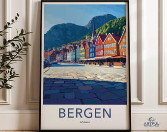 Bergen Norway Wall Art, Scandinavian Travel Poster, Colorful Houses in Bergen, Landscape Print, Bergen Cityscape Art