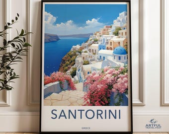 Arte mural de Santorini, Grecia, póster de isla griega, impresión de paisaje costero, decoración mediterránea, fotografía de viajes náuticos