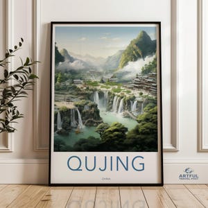 Ancient Qujing Wall Art, Chinese Landscape Painting, Traditional Mountain and Waterfall Scenery, Historical China Decor