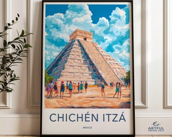 Chichen Itza Mexico Wall Art Print, Travel Poster, Mayan Ruins Artwork, Vibrant Illustration, Home Decor, Mexican Landmark Art
