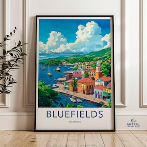 Arte mural de Bluefields Nicaragua, póster de ciudad costera, impresión de paisaje caribeño, decoración con vista al mar, ilustración de viajes