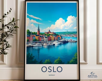 Poster turistico di Oslo, stampa murale con paesaggio urbano norvegese, stampa di decorazioni scandinave, illustrazione dello skyline di Oslo, arredamento nordico per la casa