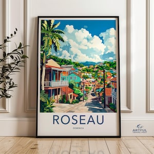 Roseau Dominica Wandkunst, Karibik Stadtbild Druck, bunte Insel Stadt Illustration, tropische Dekoration, Reiseplakat, Landschaftskunst
