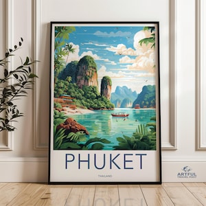 Affiche de voyage de Phuket en Thaïlande, art mural paradis tropical, impression paysage thaïlandais pittoresque, déco de plage d&#39;Asie du Sud-Est