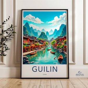 Guilin China Wall Art, Travel Poster, Scenic Landscape Print, Oriental River Town Artwork, Asian Inspired Home Decor