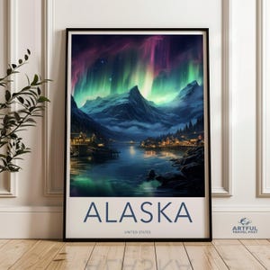 Alaska Wandbild, Nordlichter Druck, Malerisches Bergdorf Poster, Arktische Nachthimmel Dekoration, Aurora Borealis Kunstwerk