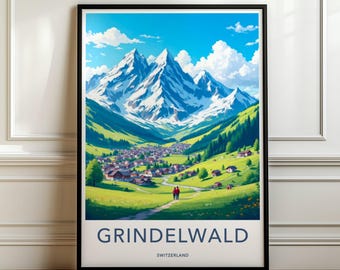 Grindelwald Switzerland wall art print, Mountain landscape wall decor, Alpine home decor, Swiss travel poster, Hiking art prints, Scenic
