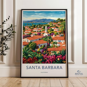 Santa Barbara Wall Art, California Travel Poster, Coastal Art Print, Cityscape Painting, Tropical Flowers, Mediterranean Architecture, Home