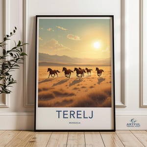 Terelj National Park, Sunset Horses Desert Wall Art, Horses Print, Wild Mustangs Artwork, Sunset Landscape Painting, Terelj Mongolia Art