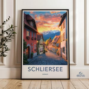 Schliersee Germany Wall Art, Colorful Sunset Village Print, Mountain Village Illustration, European Landscape Poster Decor