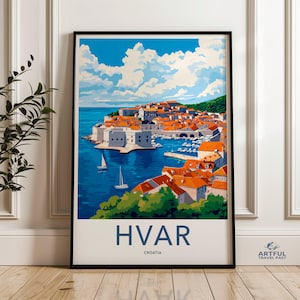 Hvar Croatia wall art, coastal town print, Mediterranean decor, travel poster, nautical artwork, seaside illustration, ocean view