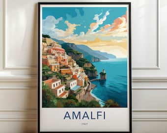 Amalfiküste Malerische Wandkunst, Italien Küstenlandschaft Druck, Mediterranes Dekor, Reiseplakat, Dekoration, lebendige Farbe Kunstwerk