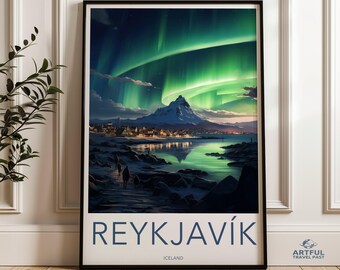 Nordlicht über Reykjavik Wandkunst, Schöne Island Landschaft Druck, Aurora Borealis Kunstwerk, Nordische Wohnkultur