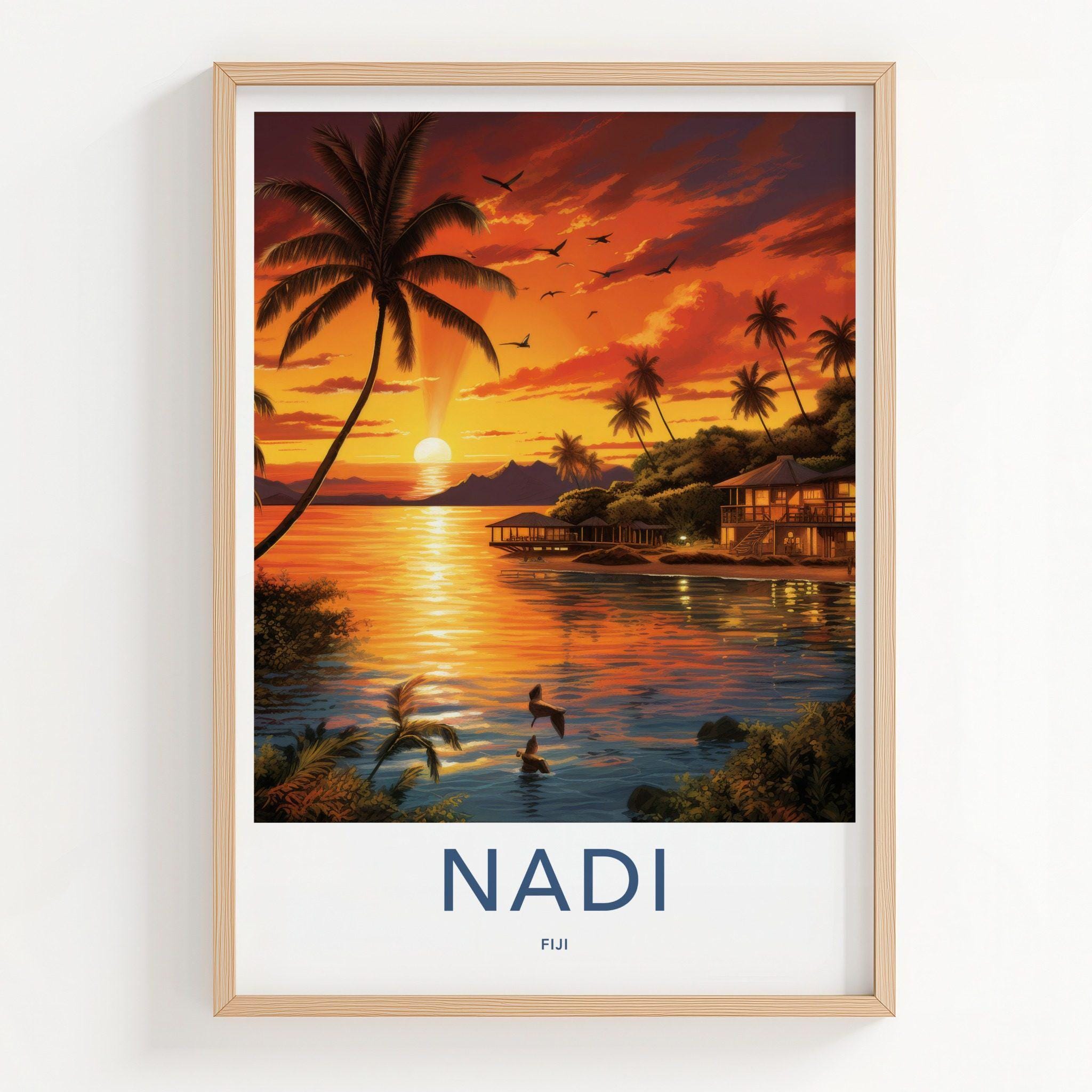 フィジーのナンディの夕日ウォールアート、熱帯風景プリント、海岸装飾
