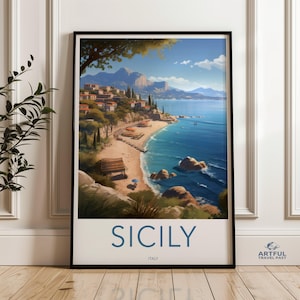 Sicily Italy Coastal View Wall Art, Mediterranean Landscape Artwork, Beach and Mountain Scene, Italian Seaside Decor