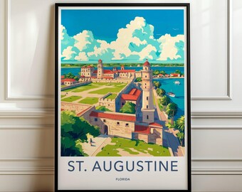 Arte mural de San Agustín, Florida, lámina de paisaje urbano histórico, póster de paisaje urbano costero, ilustración de viaje vintage, monumento estadounidense