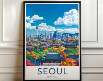 Väggkonst med stadsbild i Seoul, Sydkorea-affisch, livfullt Seoul-tryck, koreansk stadssilhuettkonstverk, färgglad Seoul-väggdekoration